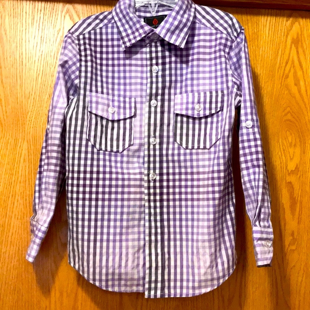 Preppy classic poplin purple white gray gingham check shirt button down 6 EUC